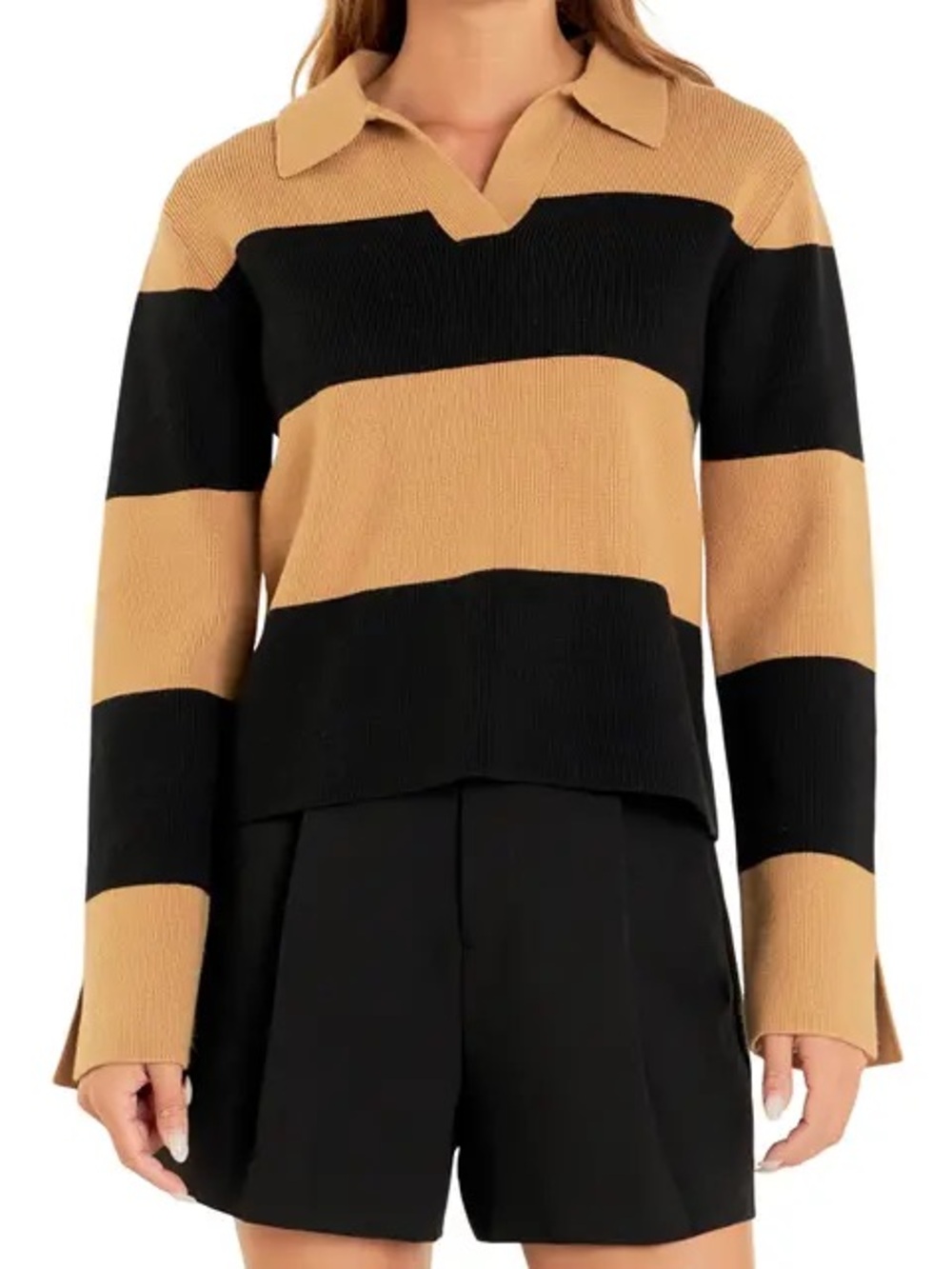 English Factory Striped V-Neck Polo Sweater - Black & Camel